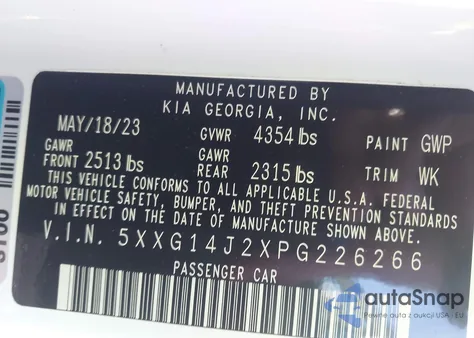 2023 Kia K5 Lxs из США, поврежденный, VIN 5XXG14J2XPG226266